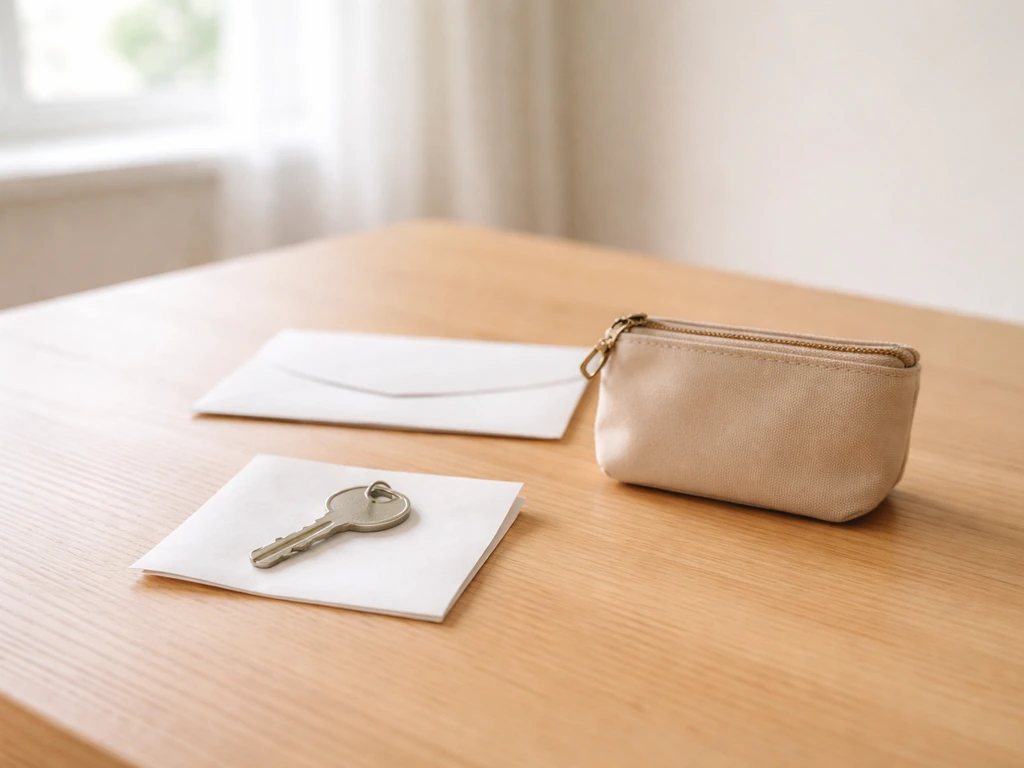 Minimal photo of a modern desk with a house key, a small coin pouch, and a neutral envelope
