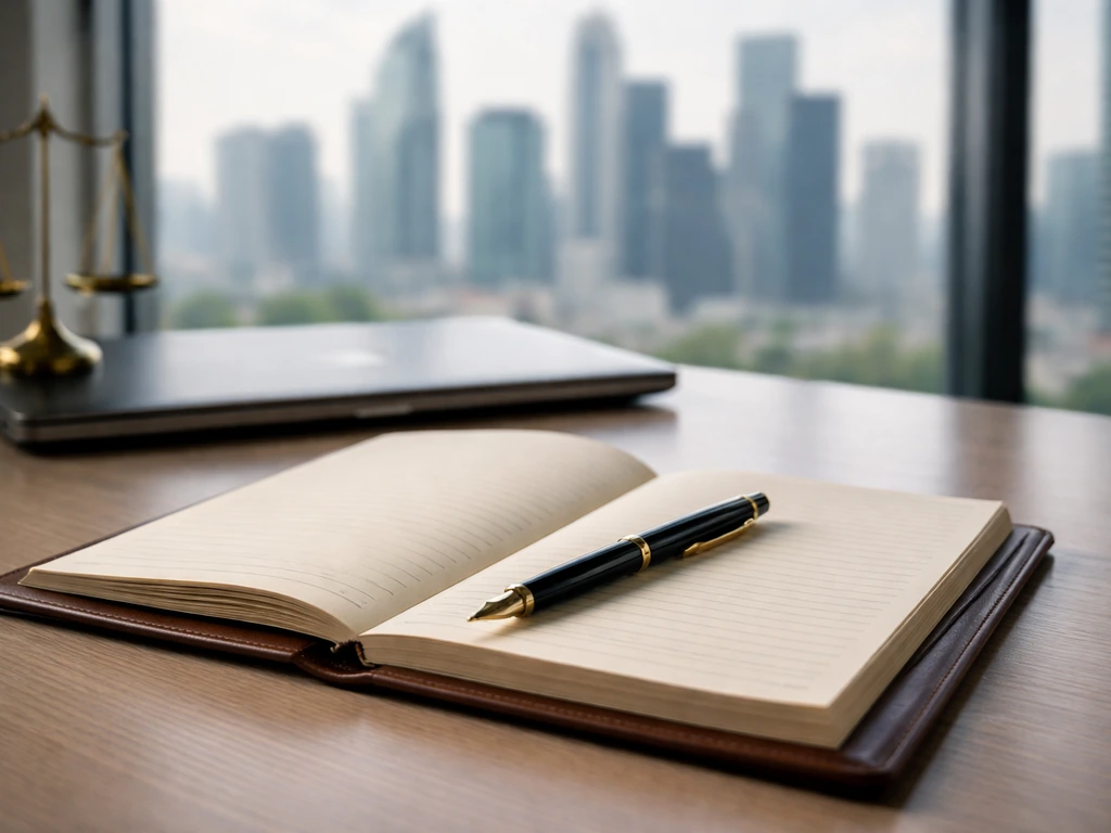 Minimal office desk scene with a legal notebook, pen, and a blurred city skyline suggesting an attorney’s work
