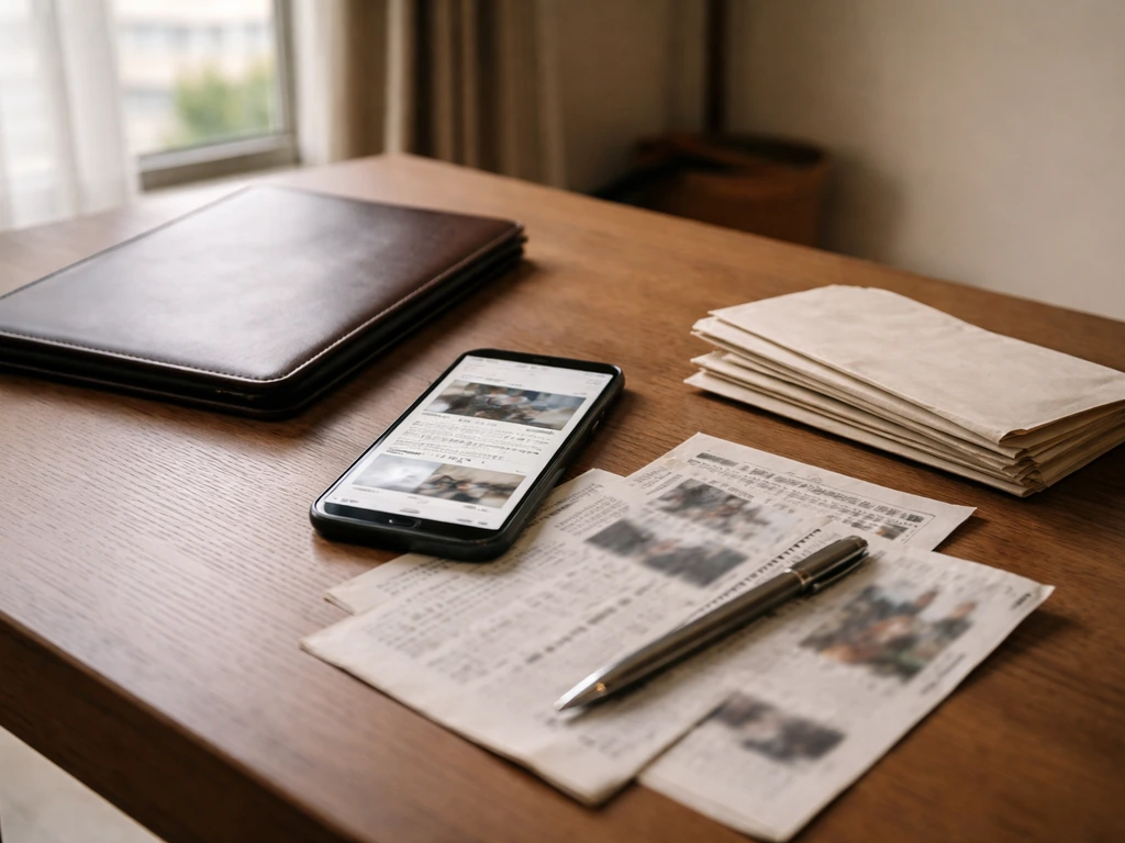 Minimal tabletop scene with blurred Japanese news clippings, phone, and a leather folder suggesting finance-linked contr