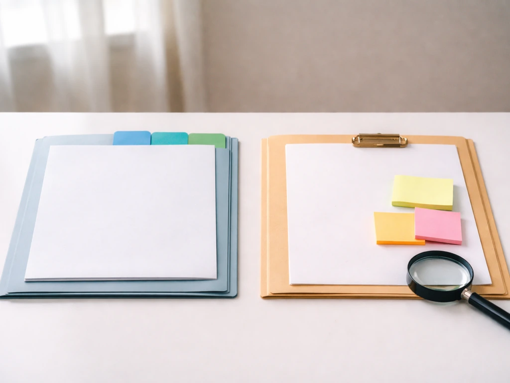 Minimal desk scene with two separated folders suggesting verified vs speculative, seen in natural light.