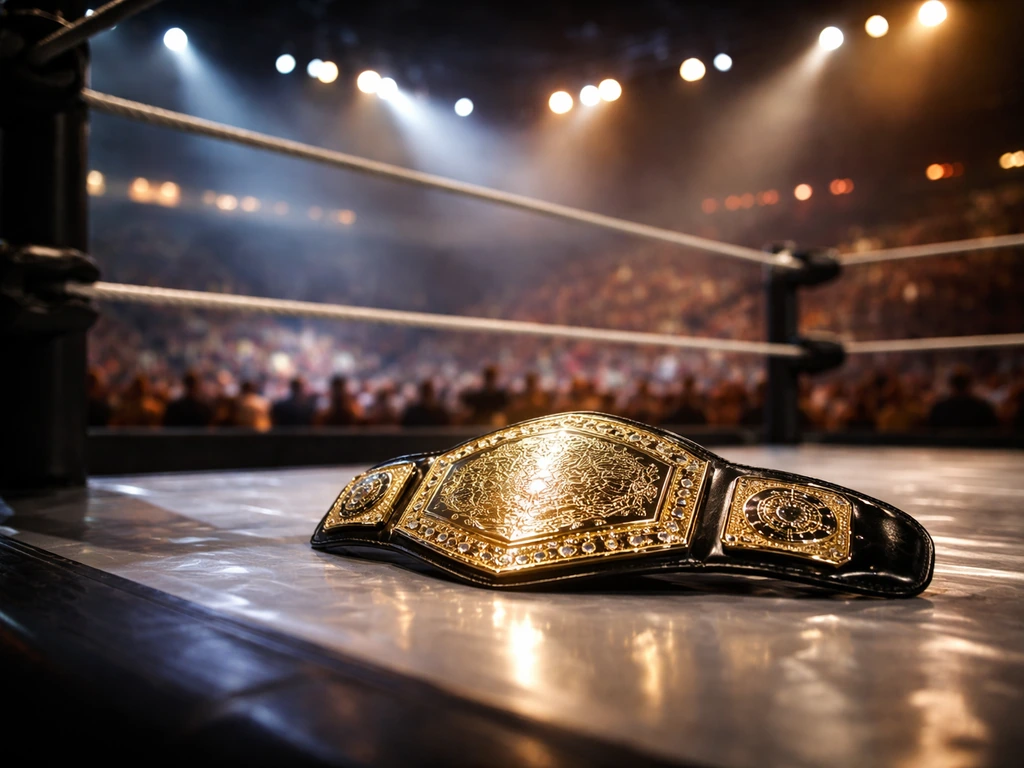 Championship belt on a wrestling ring mat under bright arena lights, blurred crowd in the background.