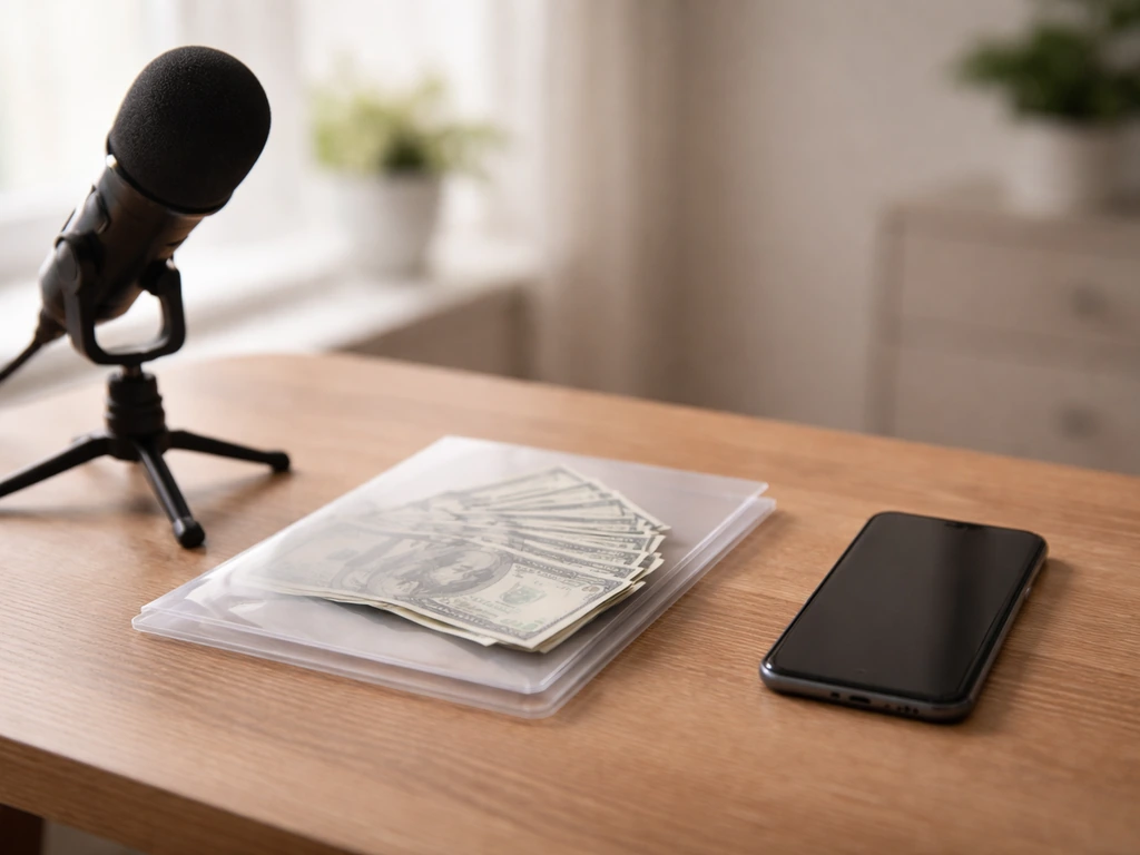 Minimal desk scene with cash, a smartphone, and a microphone symbolizing estimated earnings research