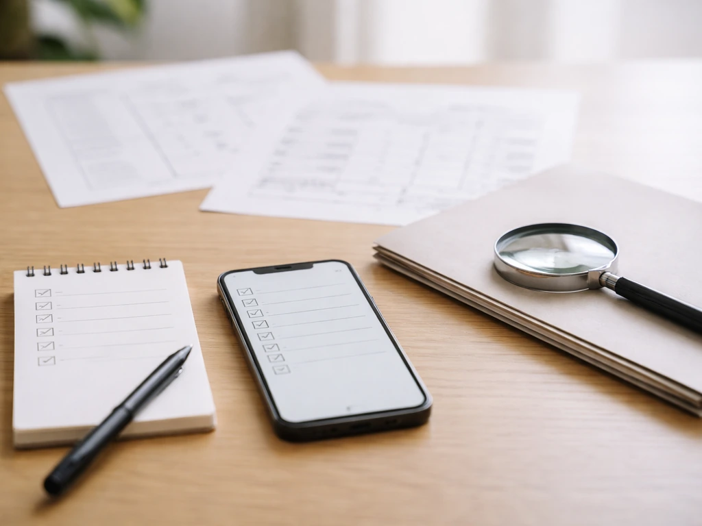 Hand with smartphone and checklist icons on desk, symbolic verification of a business estimate