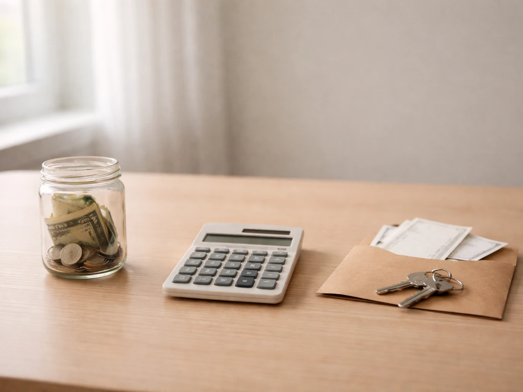 Desk with coins and bills on one side, an envelope with papers and keys on the other.