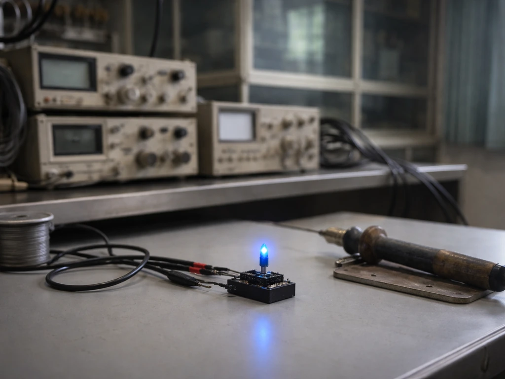 Minimal electronics lab bench with a mounted blue LED diode and softly blurred test equipment.
