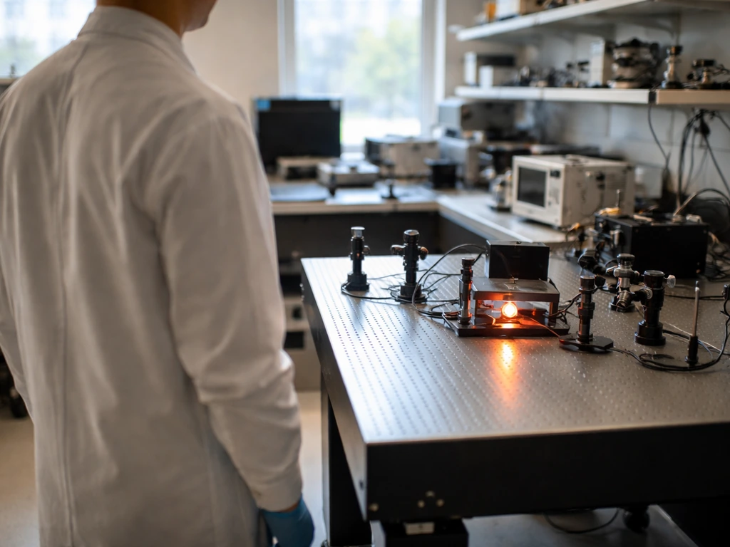 Anonymous researcher in a university lab beside an optical bench with a glowing semiconductor device.