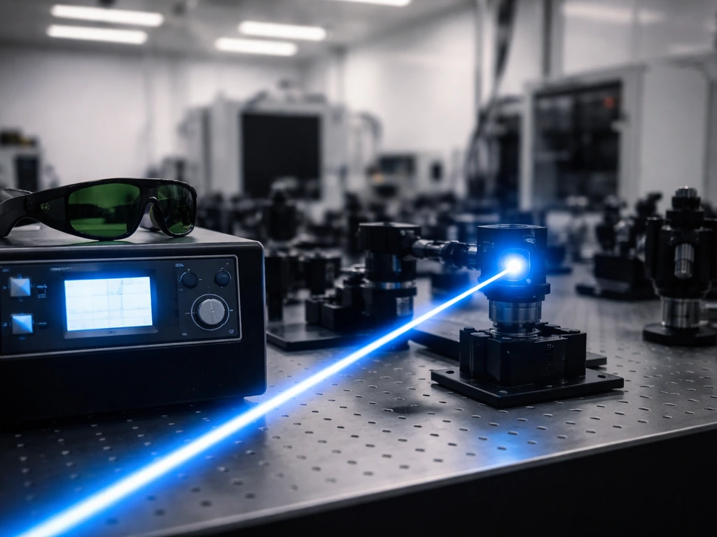 Minimal cleanroom lab scene with a bright blue laser beam aimed at an optical target.