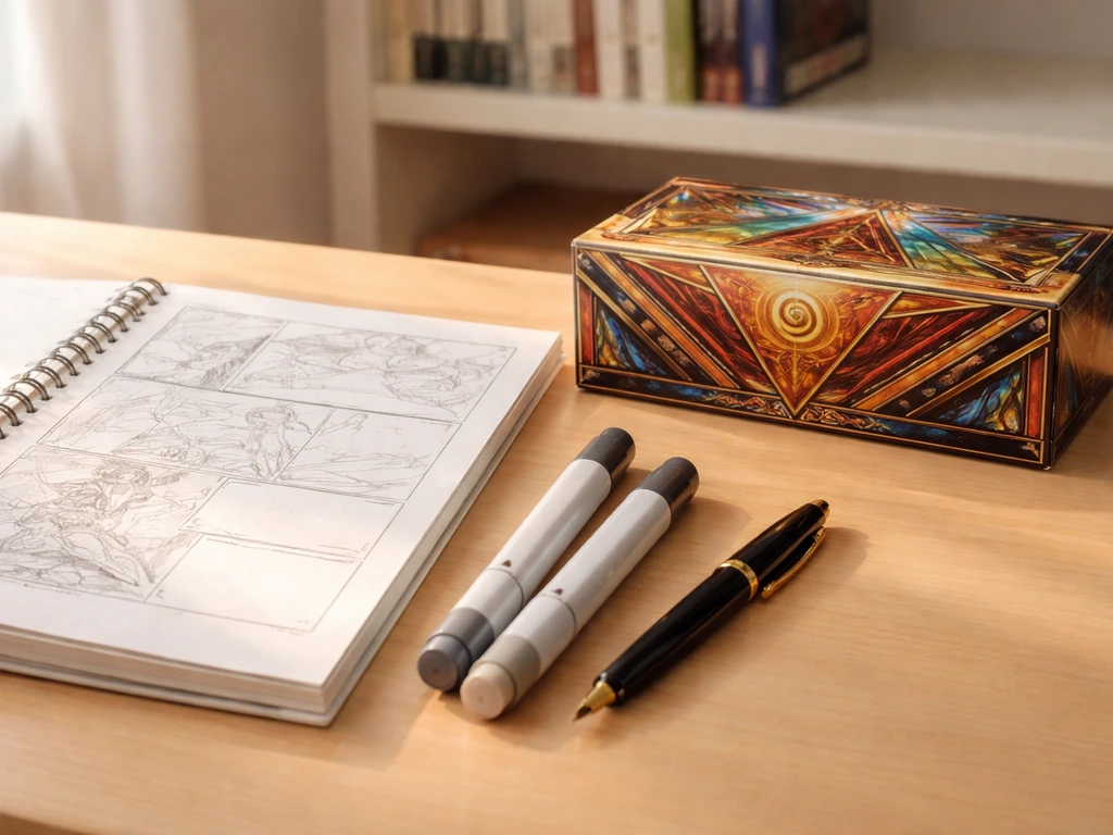 Minimal office scene with a Yu-Gi-Oh–themed trading card box and creator-style tools, symbolizing manga franchise