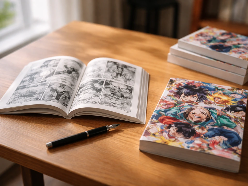 Open manga volumes and a weekly shonen magazine on a desk, evoking Japanese serialization era