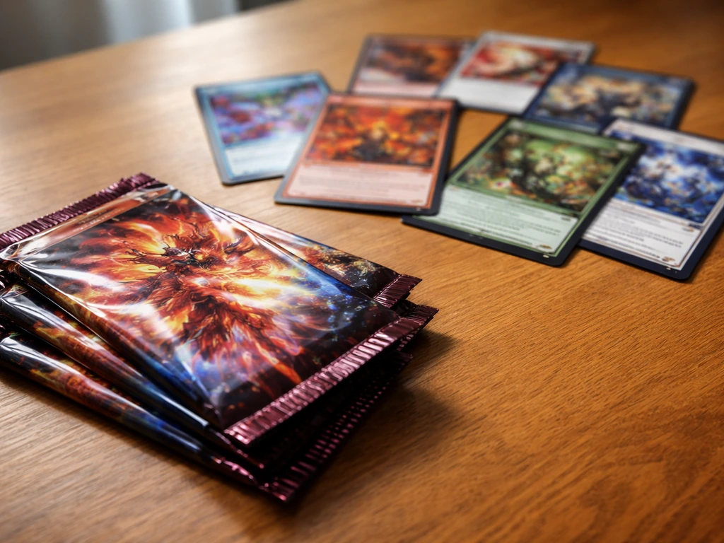 Close-up of trading card game booster packs and a few colorful cards on a wooden table