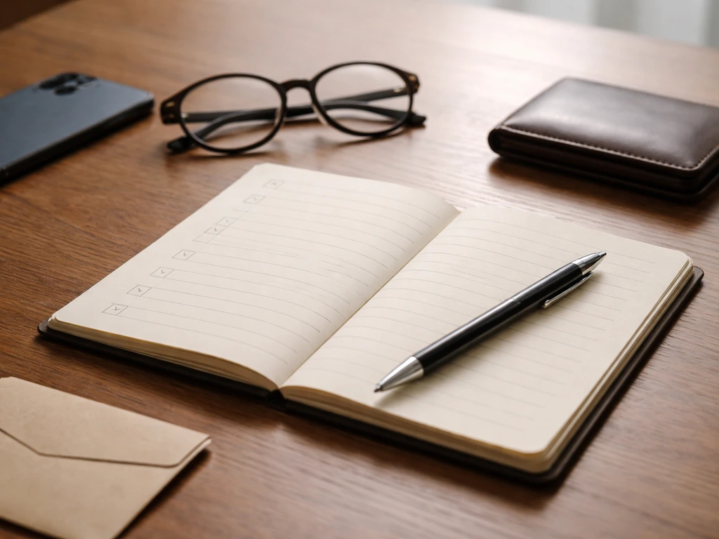 Close-up of a checklist notebook, smartphone, and wallet on a desk for verifying financial info.