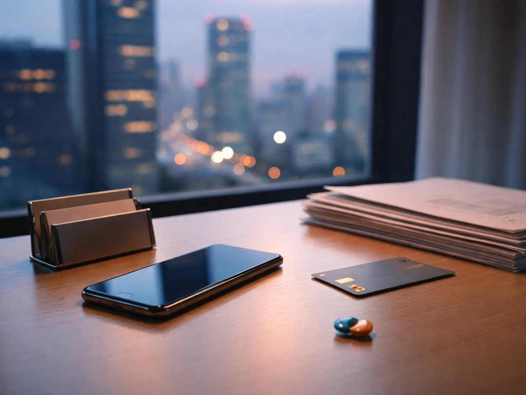 Japanese office desk with smartphone and credit card, suggesting digital media wealth