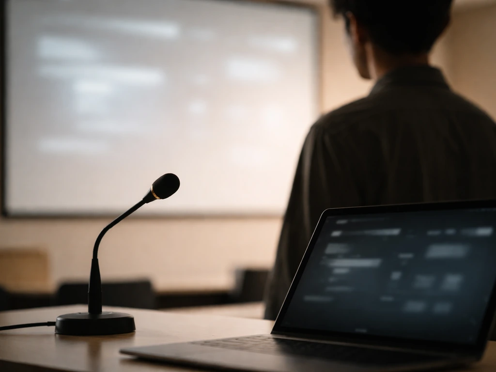 Out-of-focus tech conference mic and laptop with blurred interface backdrop in soft natural light.