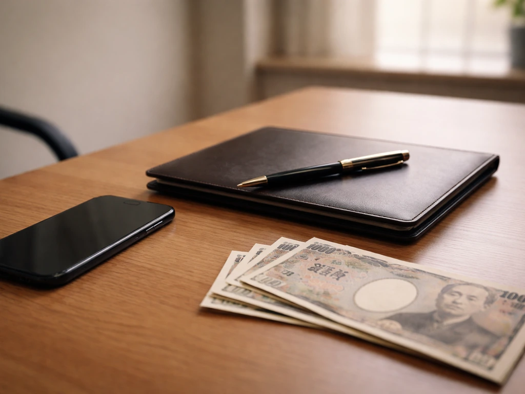 Japanese executive compensation theme: a desk with a smartphone, pen, and scattered yen cash in soft light