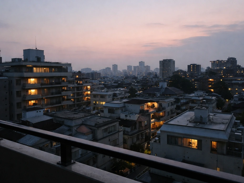 Tokyo apartment skyline at dusk, empty residential rooftops suggesting real-estate assets
