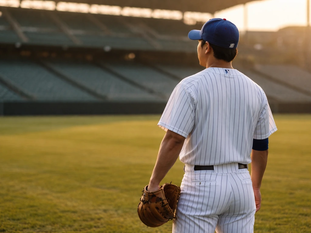 Seiya Suzuki in Chicago Cubs uniform sitting alone in a baseball stadium under bright daylight