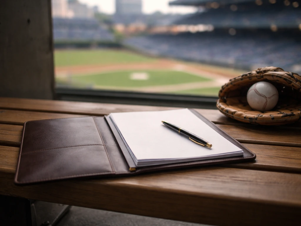 Chicago Cubs stadium backdrop with a plain contract folder and baseball equipment suggesting contract value