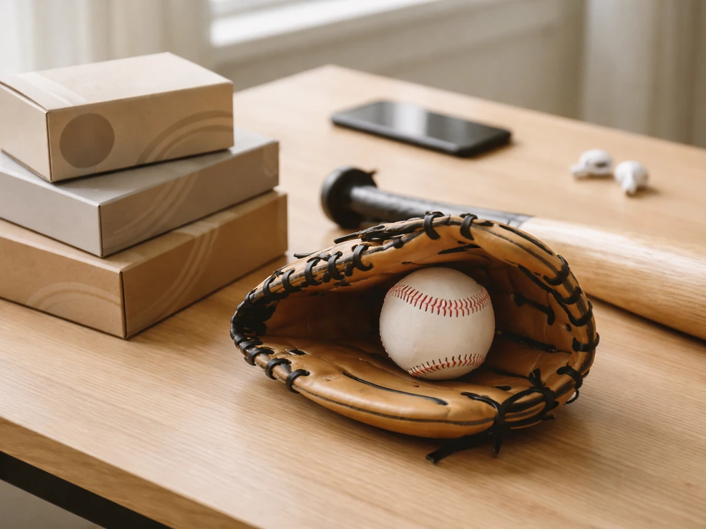 Close-up of baseball gear beside simple sports brand-style packaging, suggesting endorsement income