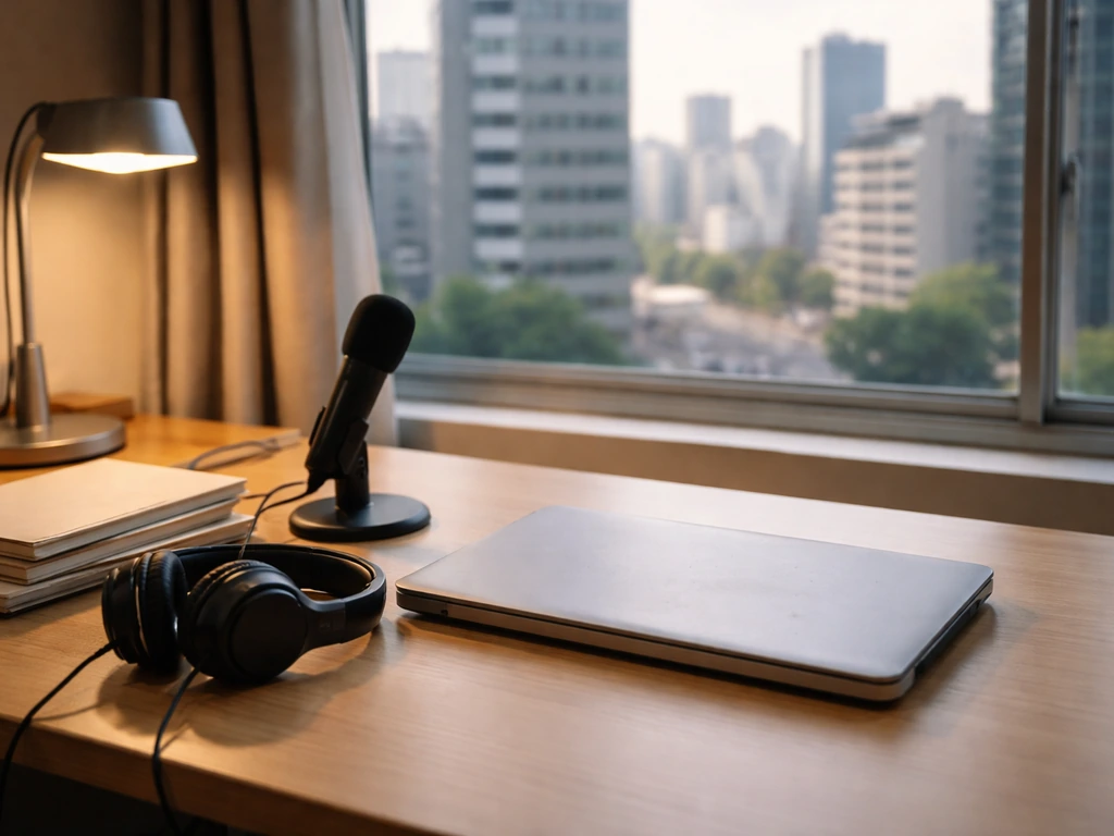 Minimal studio-style office scene with a laptop, headset, and a blurred city skyline through a window