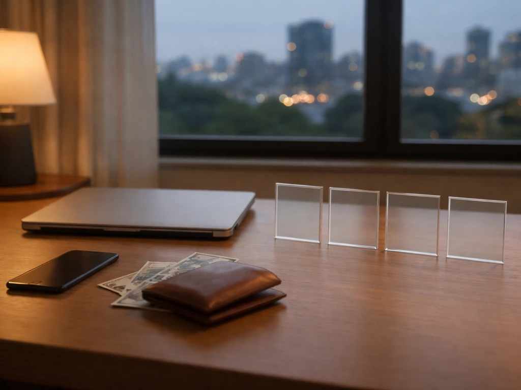 Minimal home office desk with money and blurred city view, symbolizing differing financial estimates.