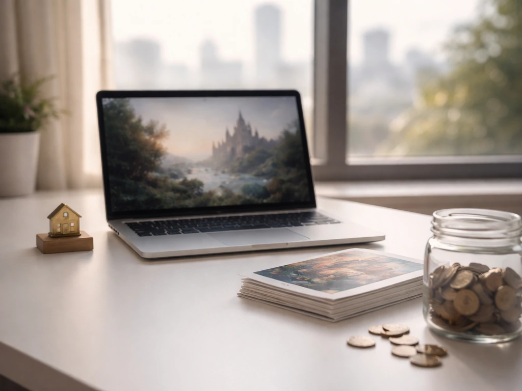Minimal studio desk with open laptop and coins, suggesting ongoing studio ownership and income flow.