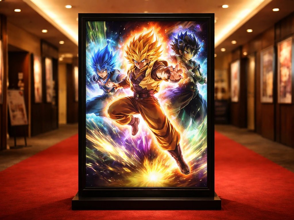 Close-up of a movie poster display in a quiet cinema lobby with warm light and shallow depth of field.