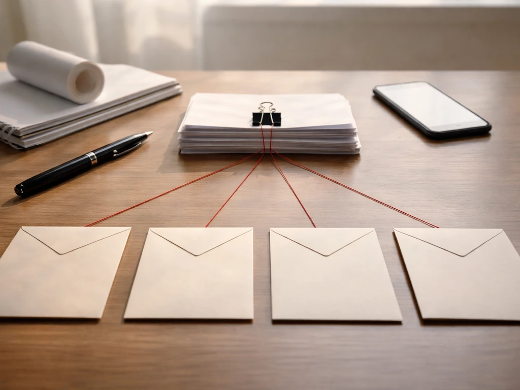 Minimal desk scene with envelopes connected by red thread, suggesting income sources without text.