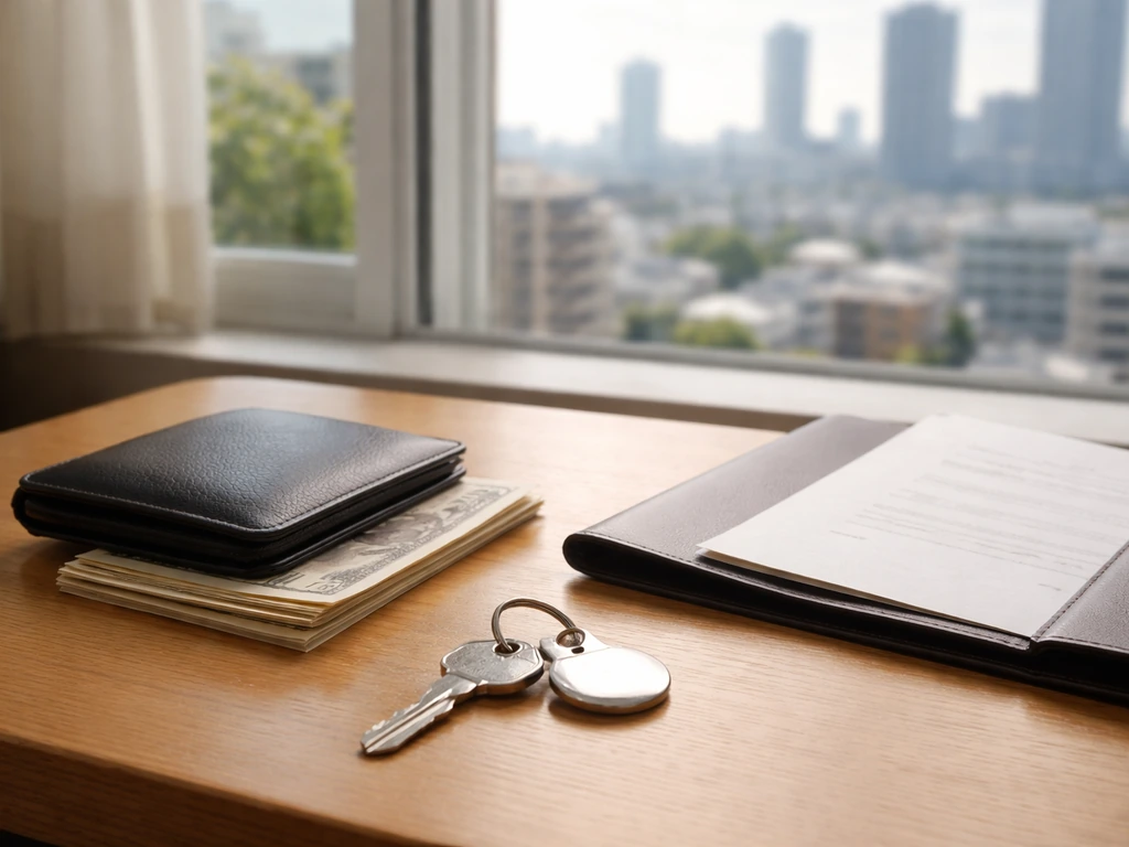 Minimal photo of a Tokyo skyline view through a window with a home key and folded bills on a desk.