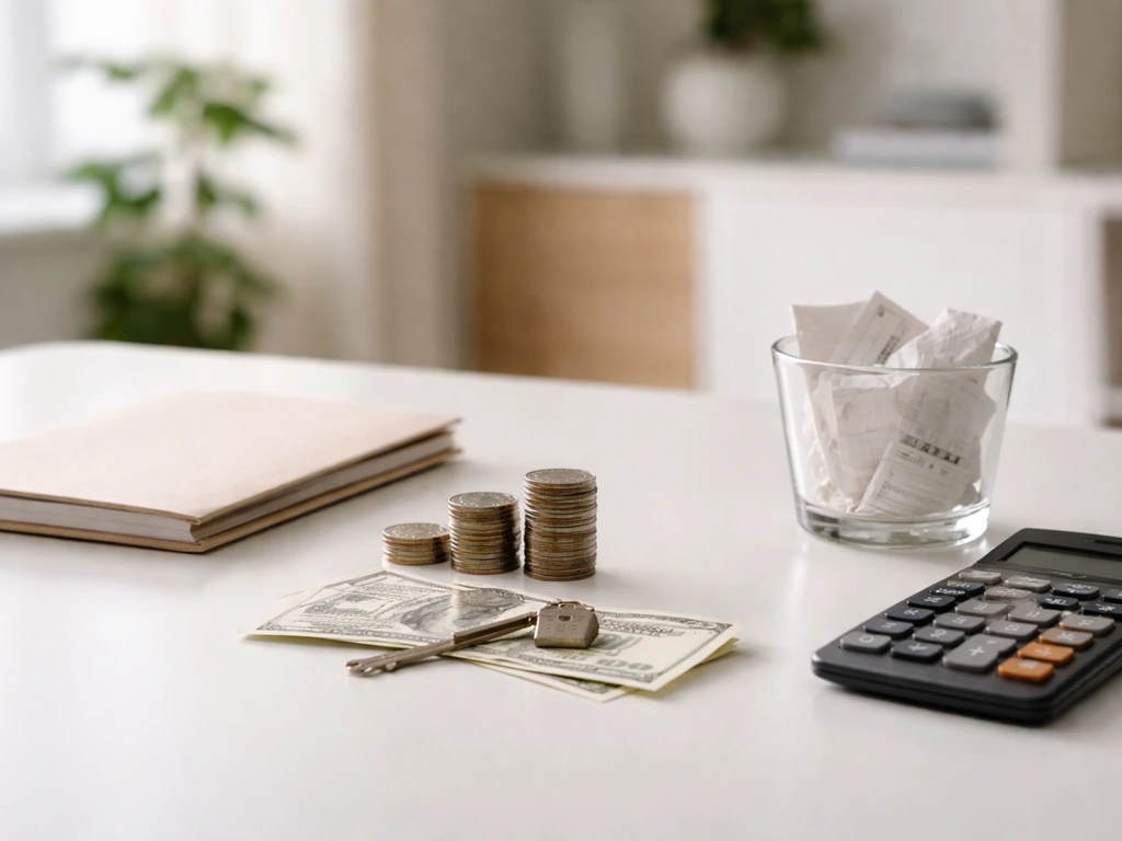 Minimal desk scene with a calculator, scattered coins, and a folder suggesting assets minus debts