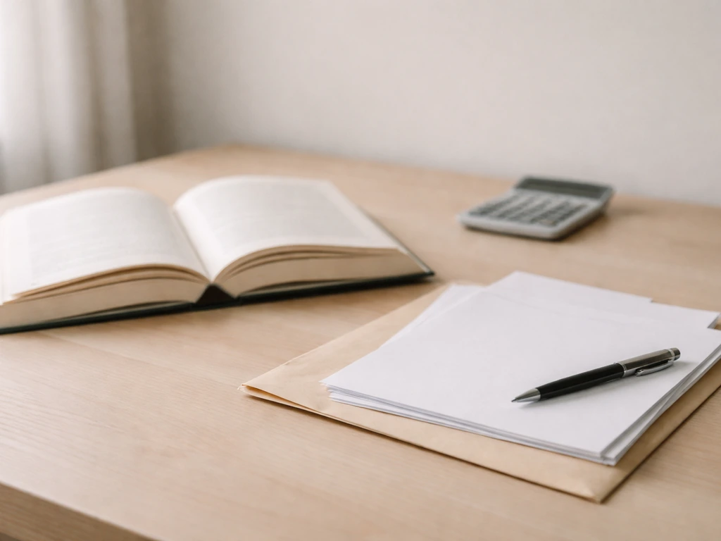 Open book on a desk with blank royalty statement papers and a pen, symbolizing advances and earned royalties.