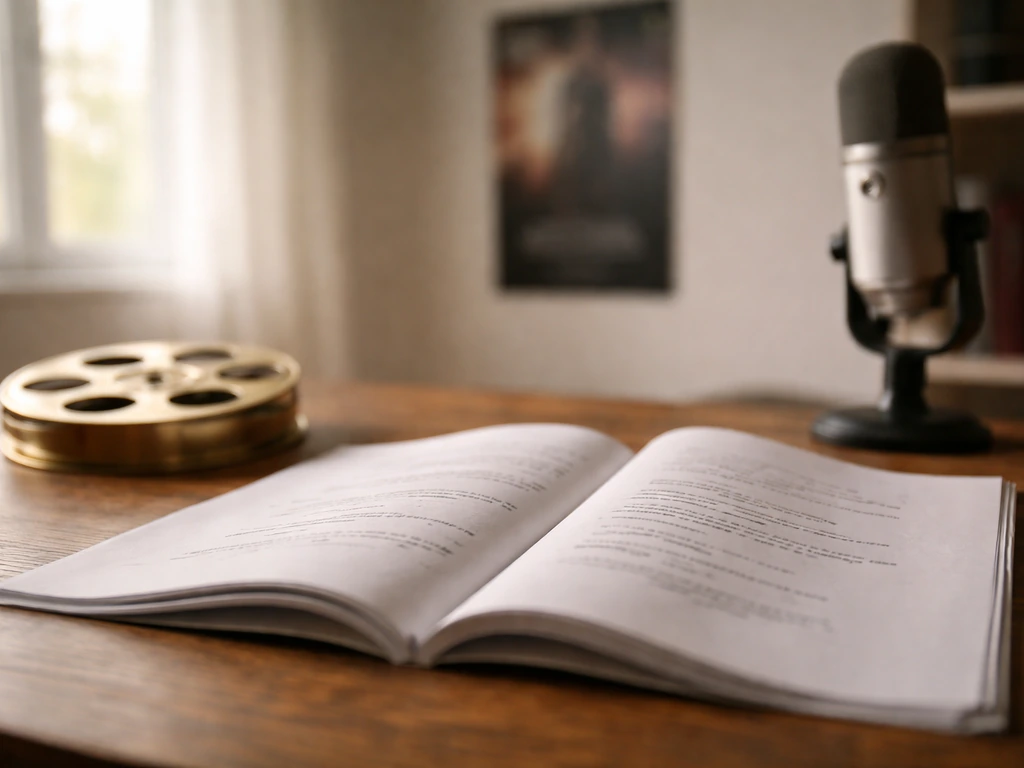Minimal film-industry still showing a script and a film reel on a desk by a window.