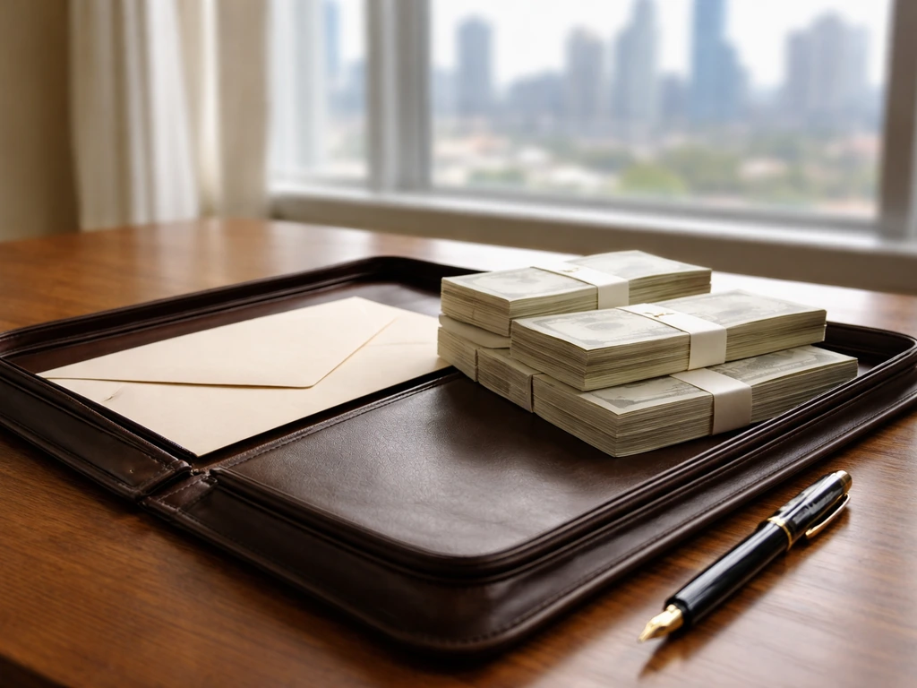 Open portfolio and money bundles on a desk with a blurred city skyline background, symbolic of wealth estimates.