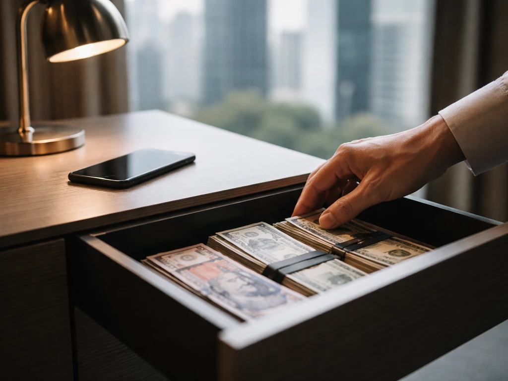 Anonymous hands count cash in a minimal luxury office with a blurred city view
