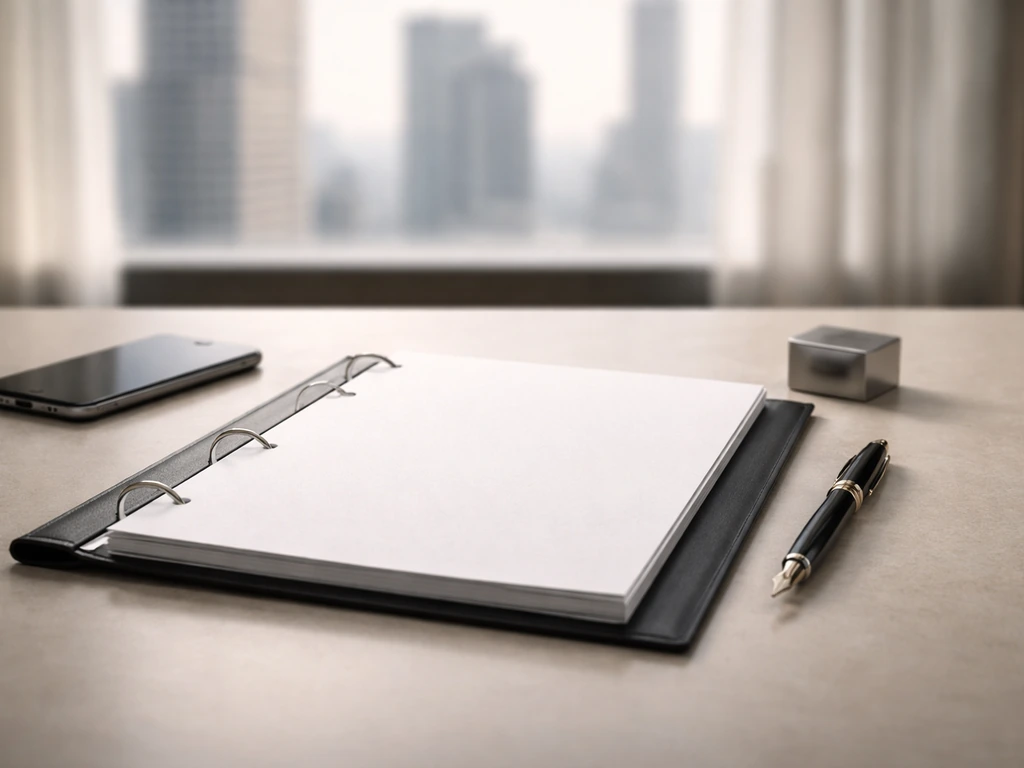 Luxury office desk with open binder and pen, city view through a window, symbolizing a big contract.