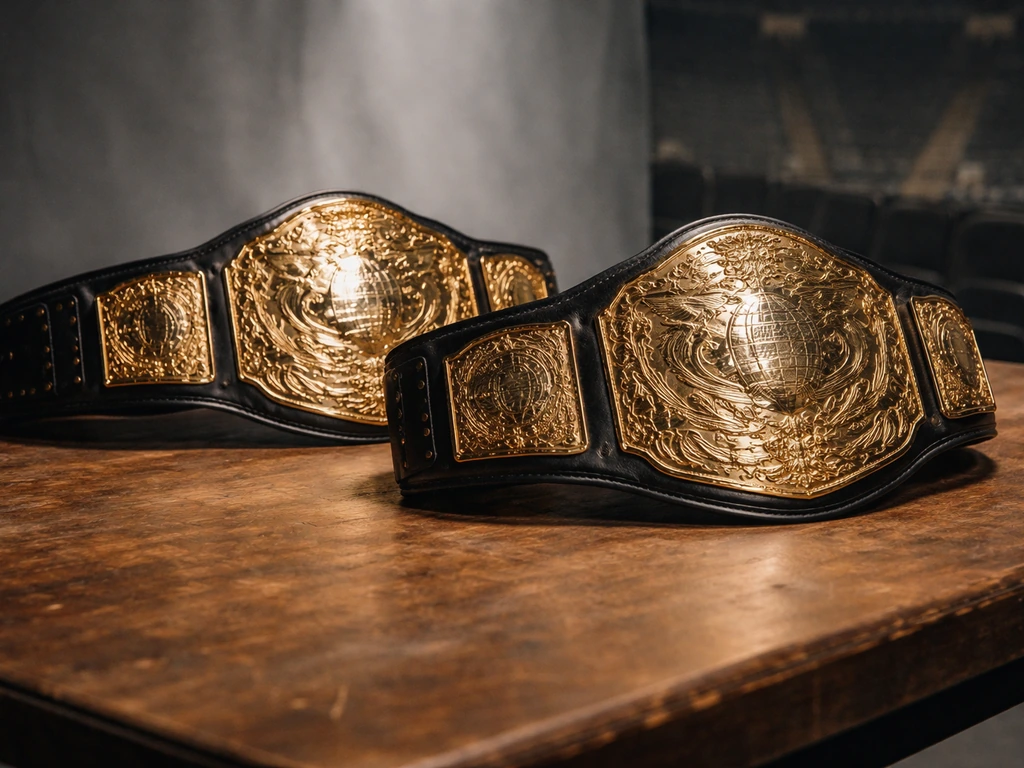 Pro wrestling championship belts displayed on a wooden table, suggesting a title reign and earnings proxy