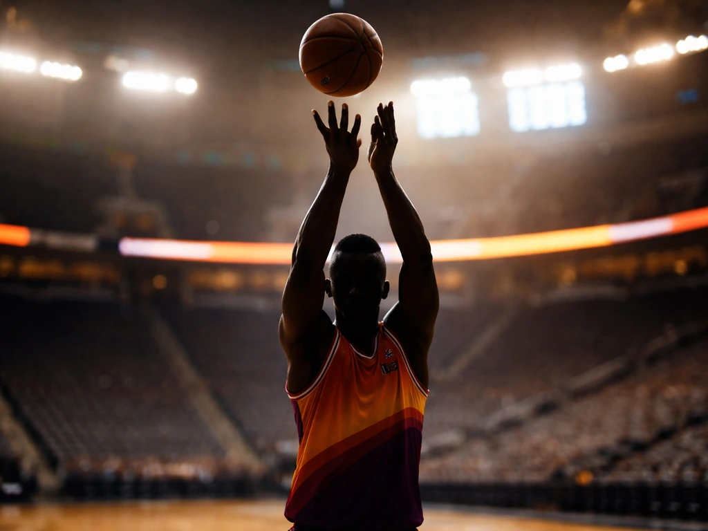 Anonymous basketball action in a Suns-colored arena, ball mid-air with warm, upscale lights.
