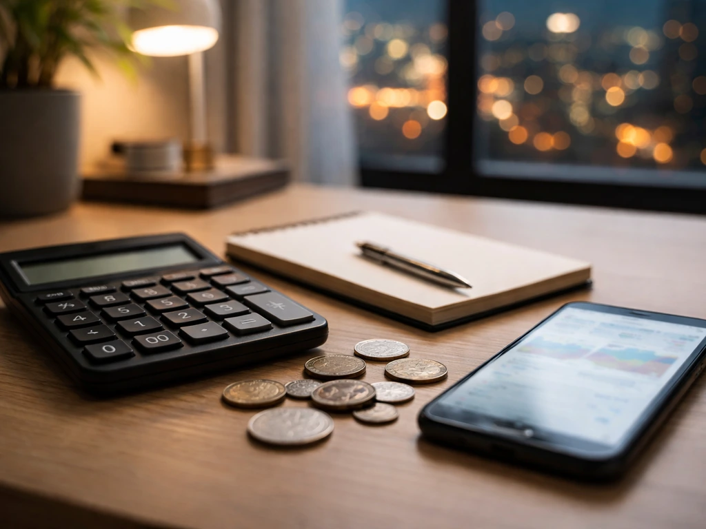 Minimal photo of a financial desk setup with calculator, notebook, and coins beside a blurred city skyline at dusk.