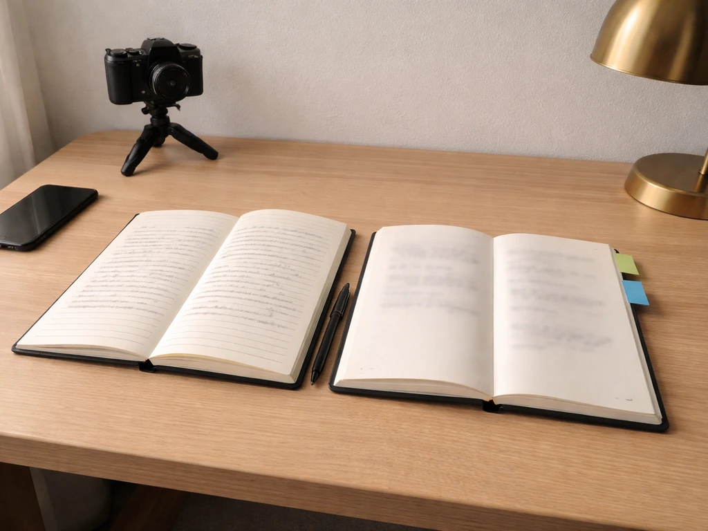 Minimal desk scene with two open notebooks symbolizing known vs guessed information.