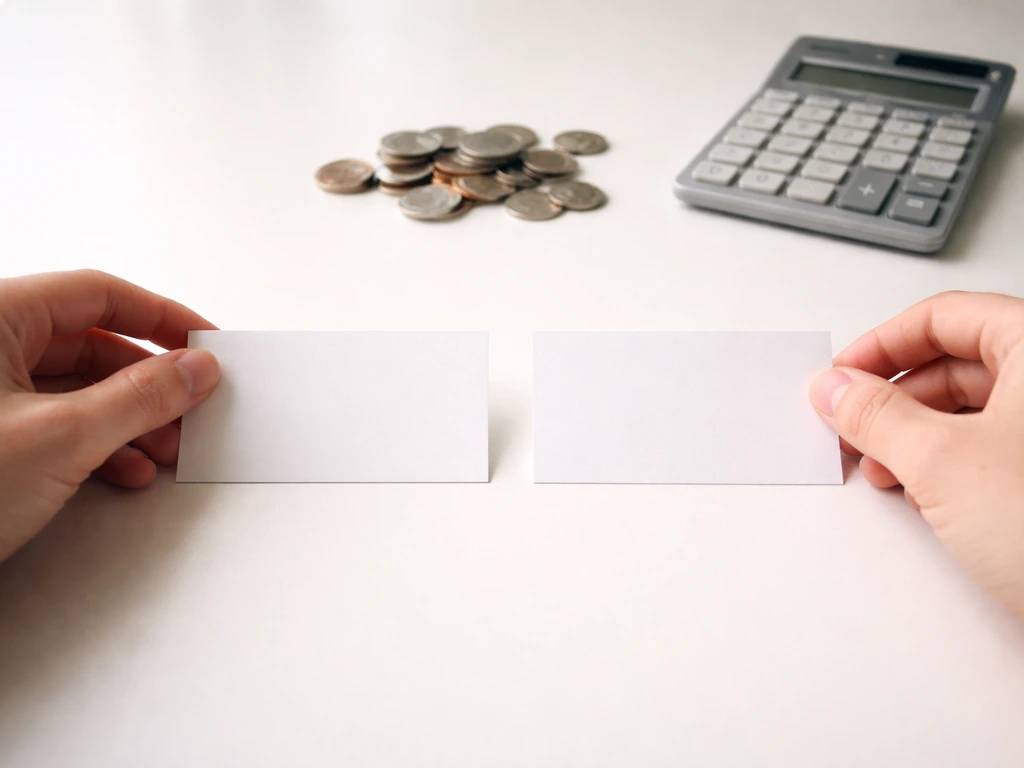 Hands placing two balance cards labeled assets and liabilities on a desk with coins, symbolizing net worth.