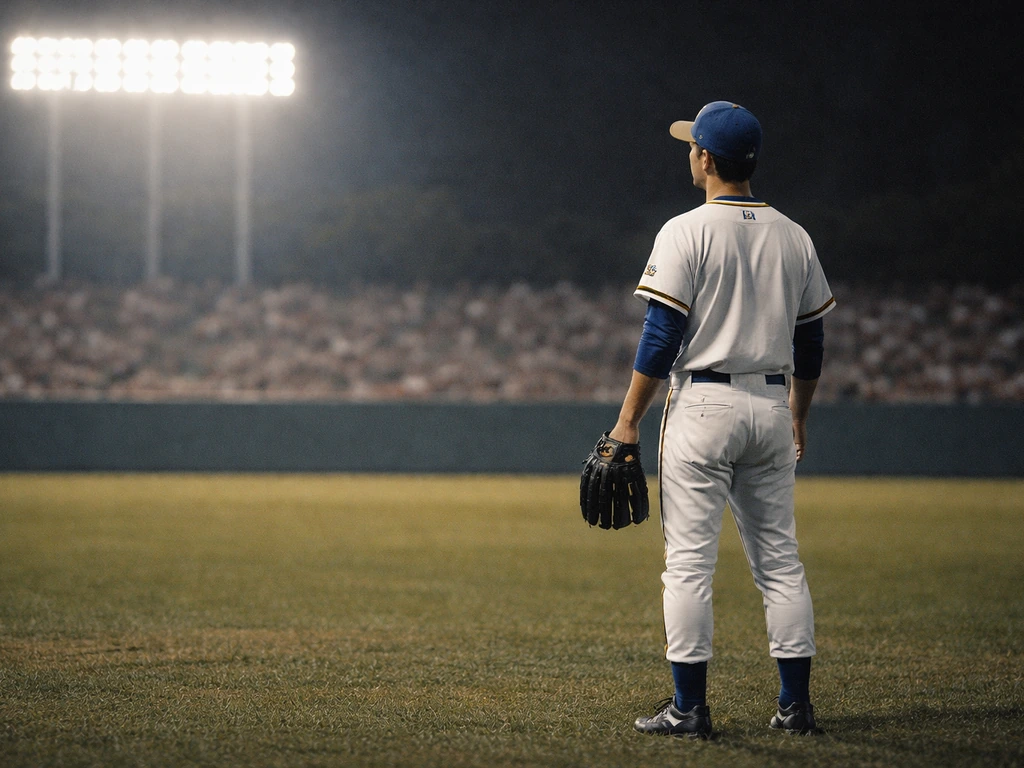 A baseball player in an Orix-era uniform stands in a softly lit Japanese stadium at night.