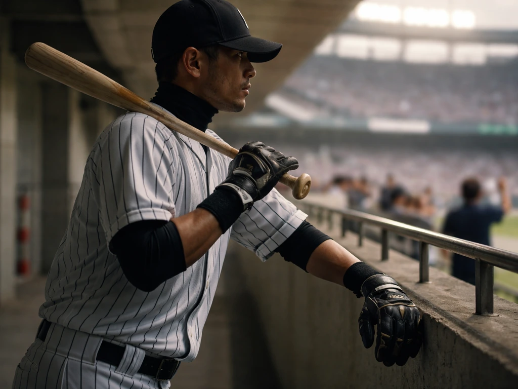Baseball player in Japan wearing a Mizuno-style glove and jersey near a stadium backdrop