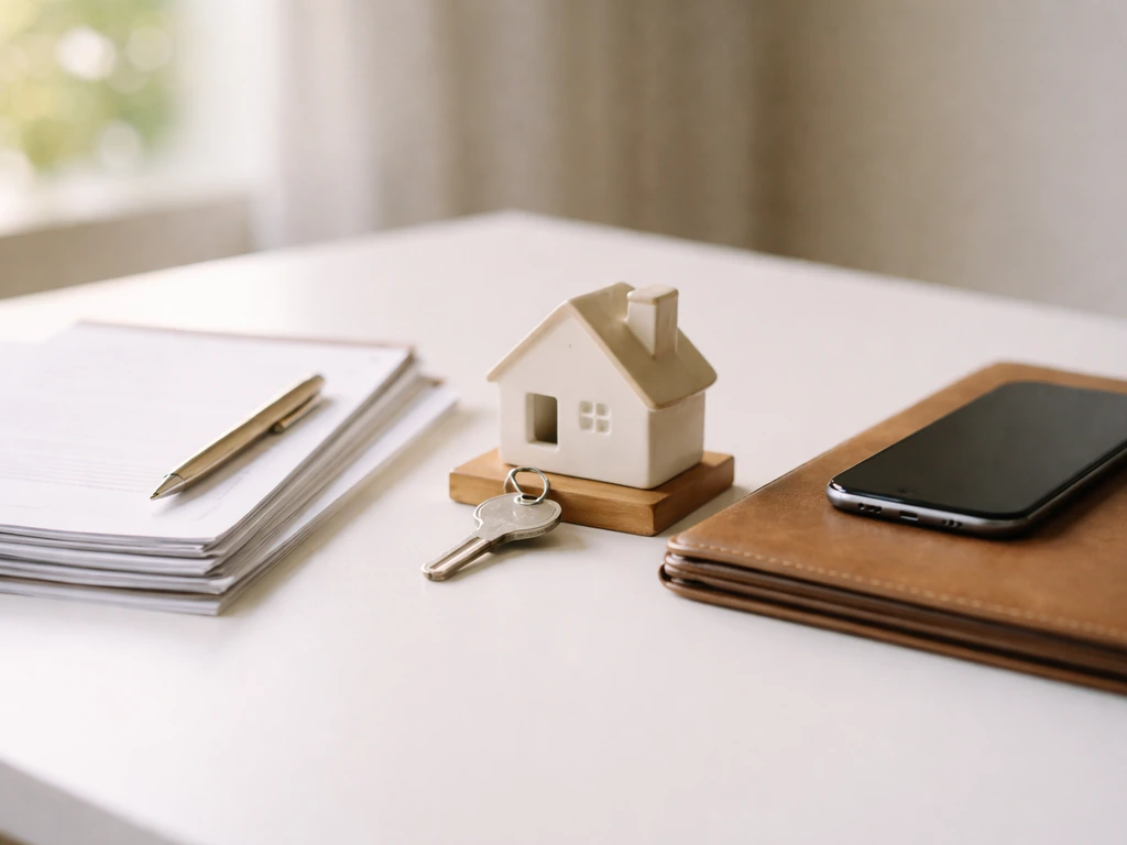 Minimal desk still life with blank investment papers, a key for property, and a phone for finances