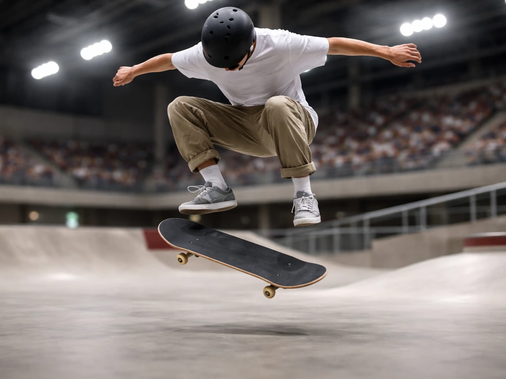 Anonymous street skateboarder in a Tokyo-style venue under bright lights, capturing Olympic-era skateboarding energy.