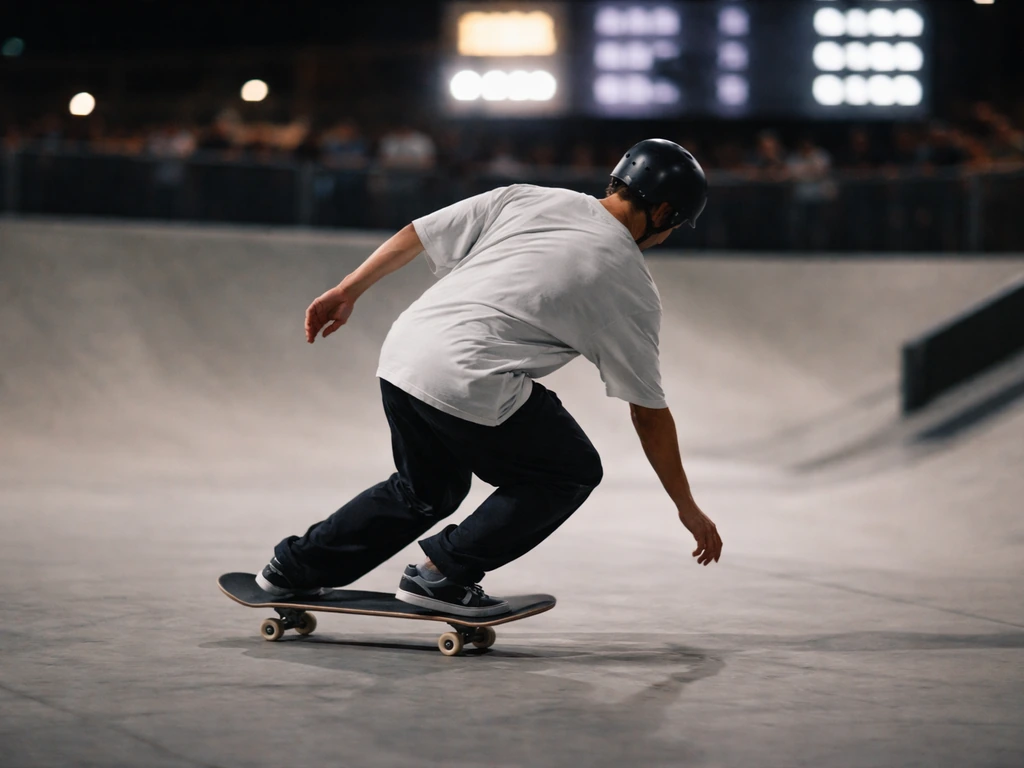 Street skateboarding finals vibe with a skateboarder preparing near a lit scoreboard area