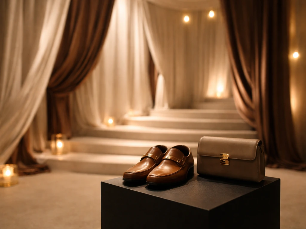Luxury event backdrop with soft golden light and a subtle fashion runway vibe, no people shown