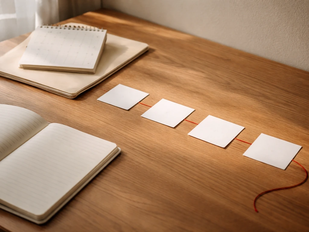 Minimal desk setup with a calendar and neatly arranged deal cards suggesting a sponsor timeline