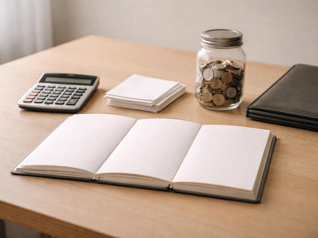 Minimal desk scene with calculator, blank notebook sections, coins, and papers symbolizing net-worth components.
