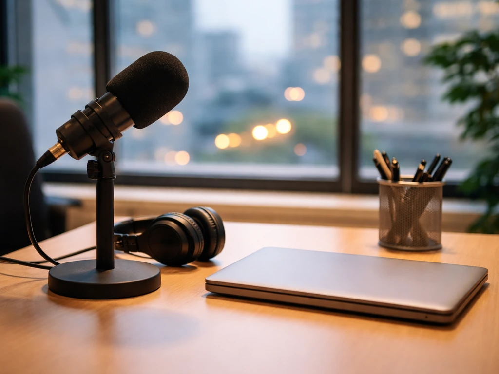 Minimal studio desk scene with microphone and headphones, hinting corporate gaming work and compensation.