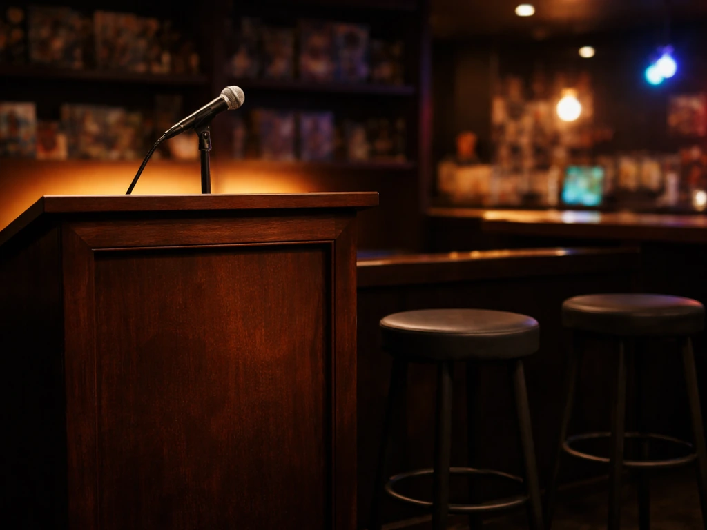 Empty bar talk-show set with a microphone, warm lights, and blurred gaming-culture backdrop