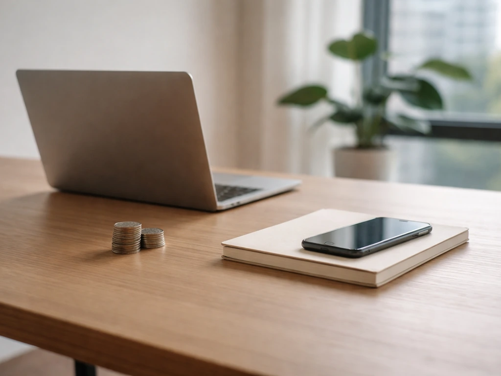 Minimal desk scene with a laptop and scattered coins, symbolizing comparing different net-worth sources